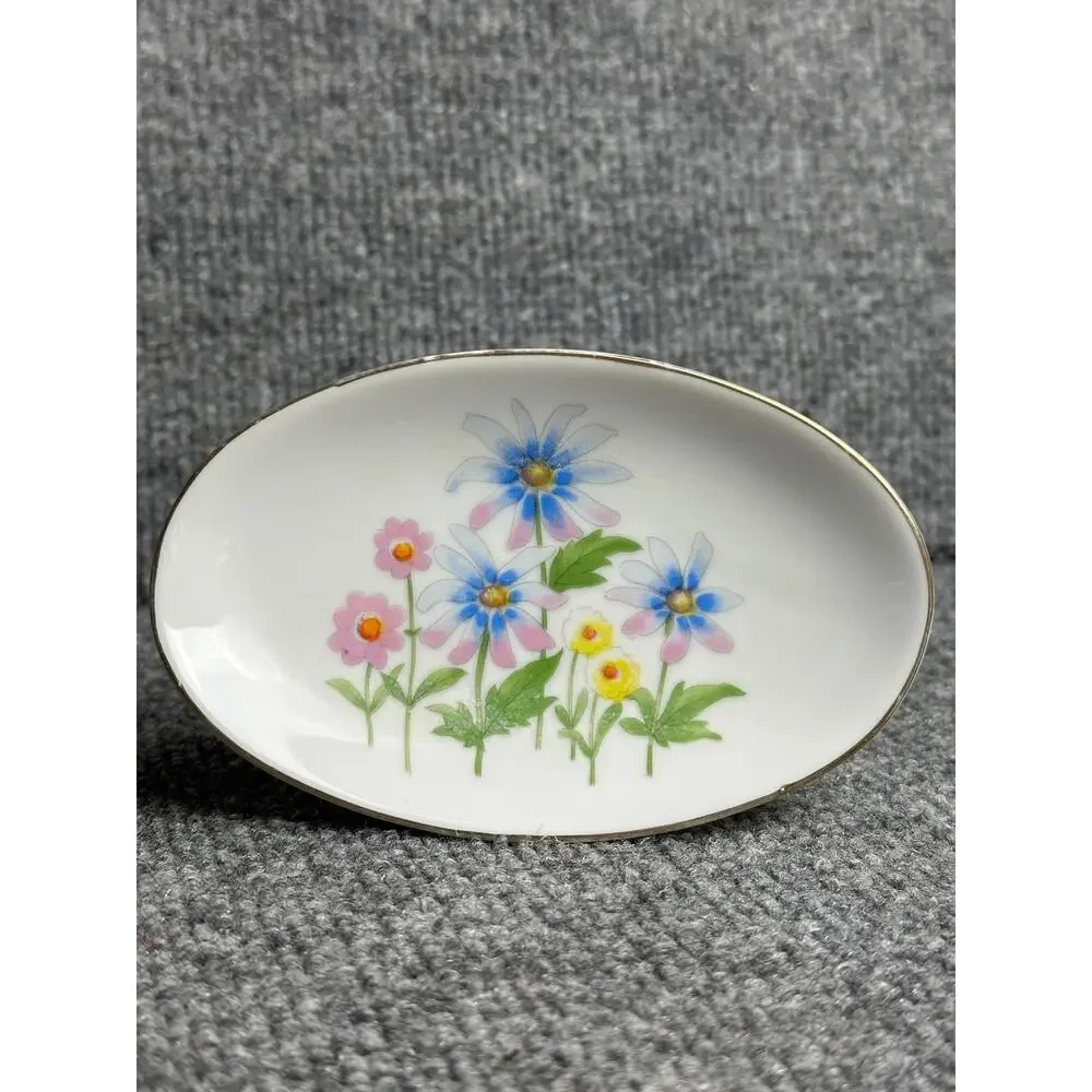 Vintage porcelain pedestal soap dish oval floral cottagecore Victorian pastel 5”